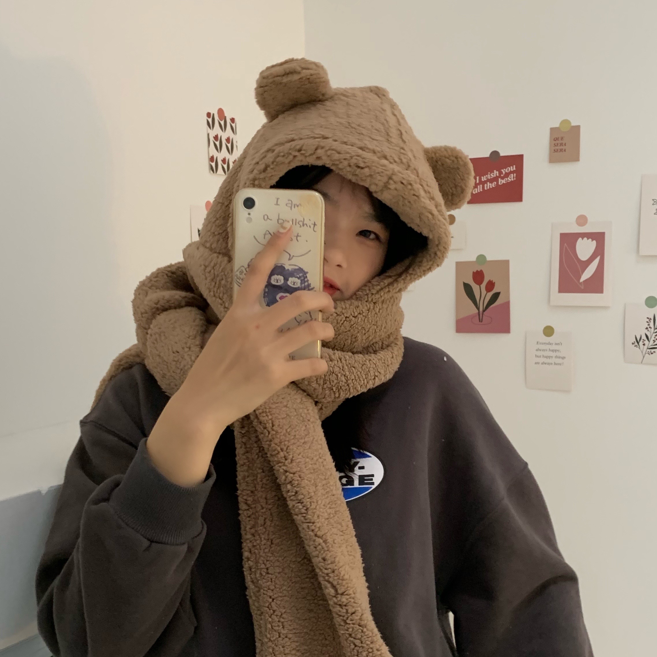 矮油小熊熊~纯色居家休闲帽子