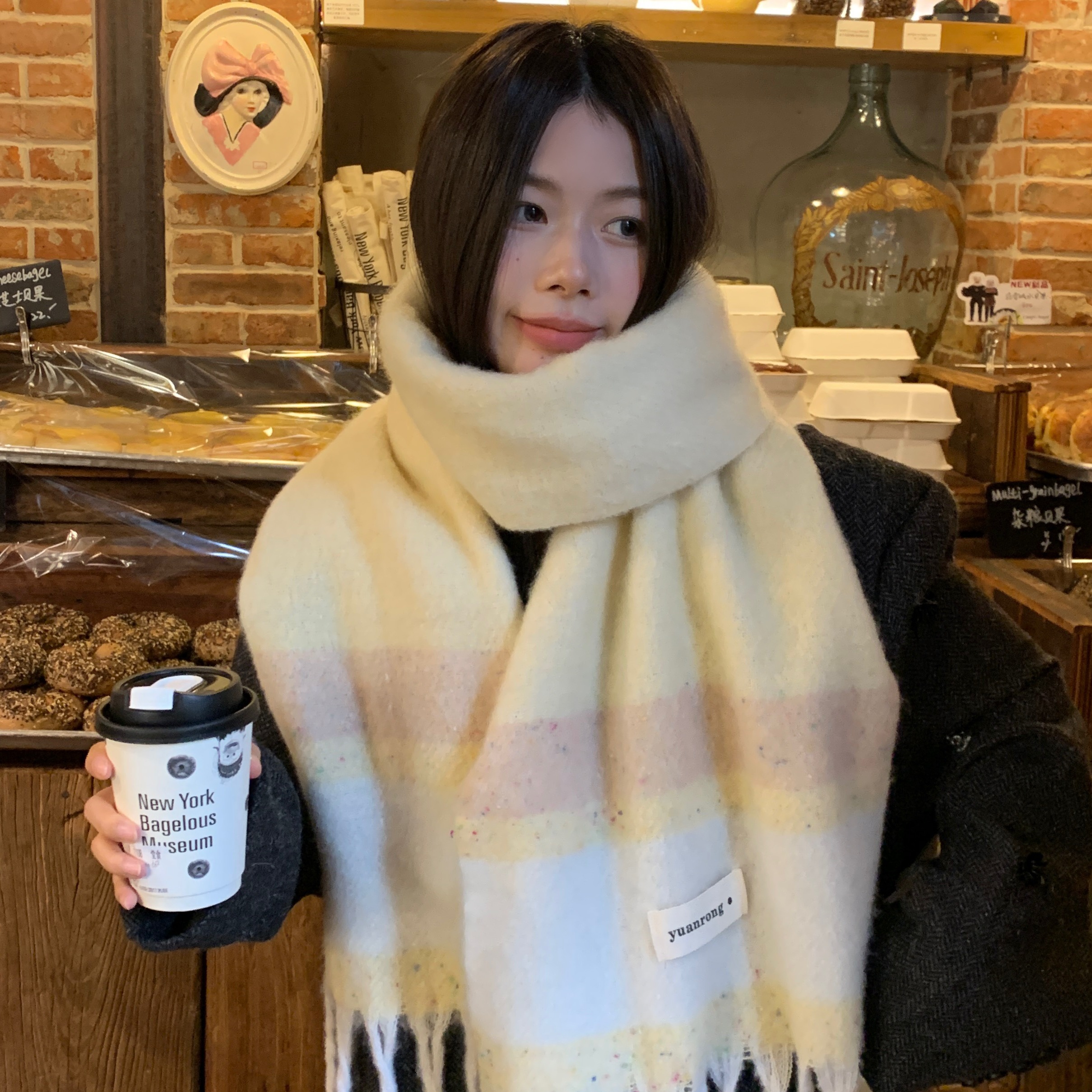 韩版仿羊绒点子条纹撞色围巾