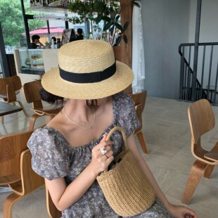 出游草编麦秆平顶草帽女韩版 夏季 百搭遮阳帽沙滩帽 网红款 陈奶奶