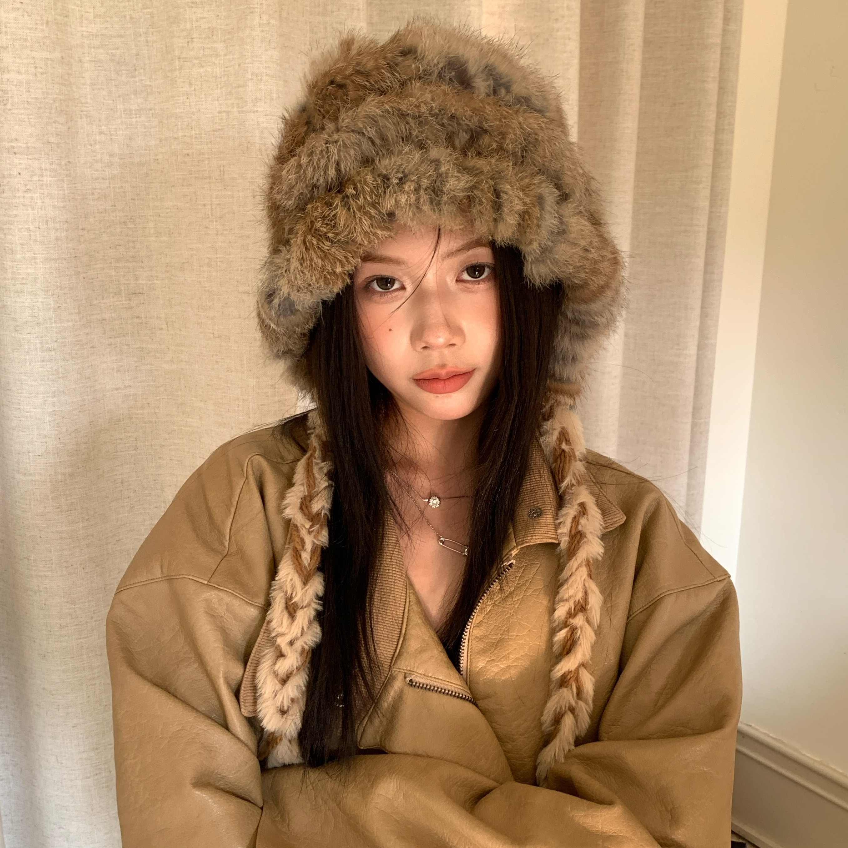 陈奶奶秋冬保暖兔毛针织毛绒帽女