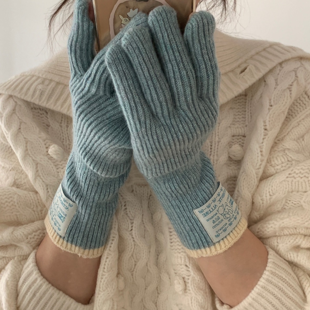 圣诞红毛线针织贴布标手套