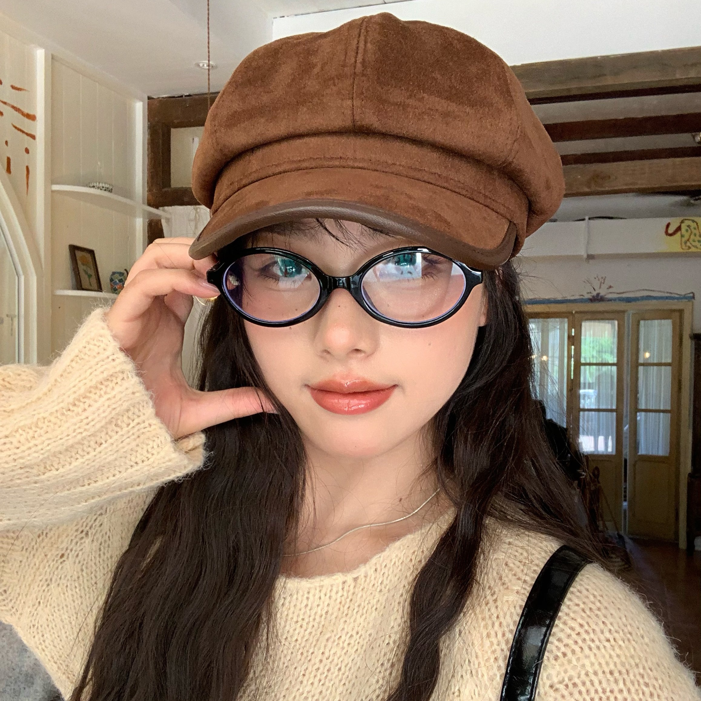 复古回潮~陈奶奶麂皮绒八角帽女