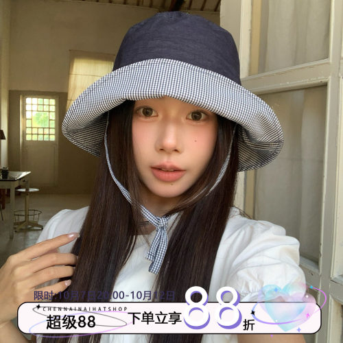 陈奶奶韩系藏青格纹翻边渔夫帽女