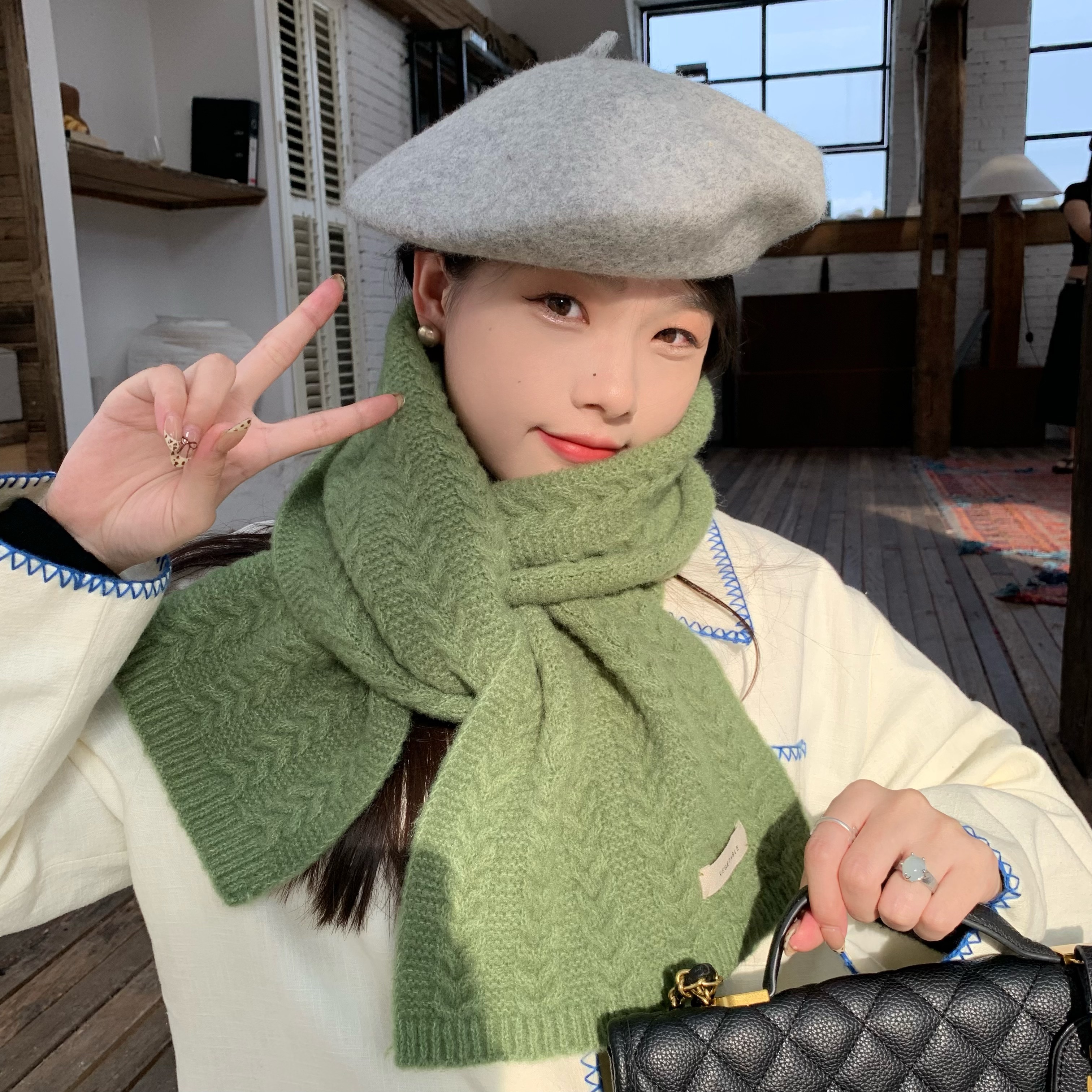 陈奶奶 利落至简麦穗纹纯色针织羊毛软糯围巾冬韩版保暖加厚围脖