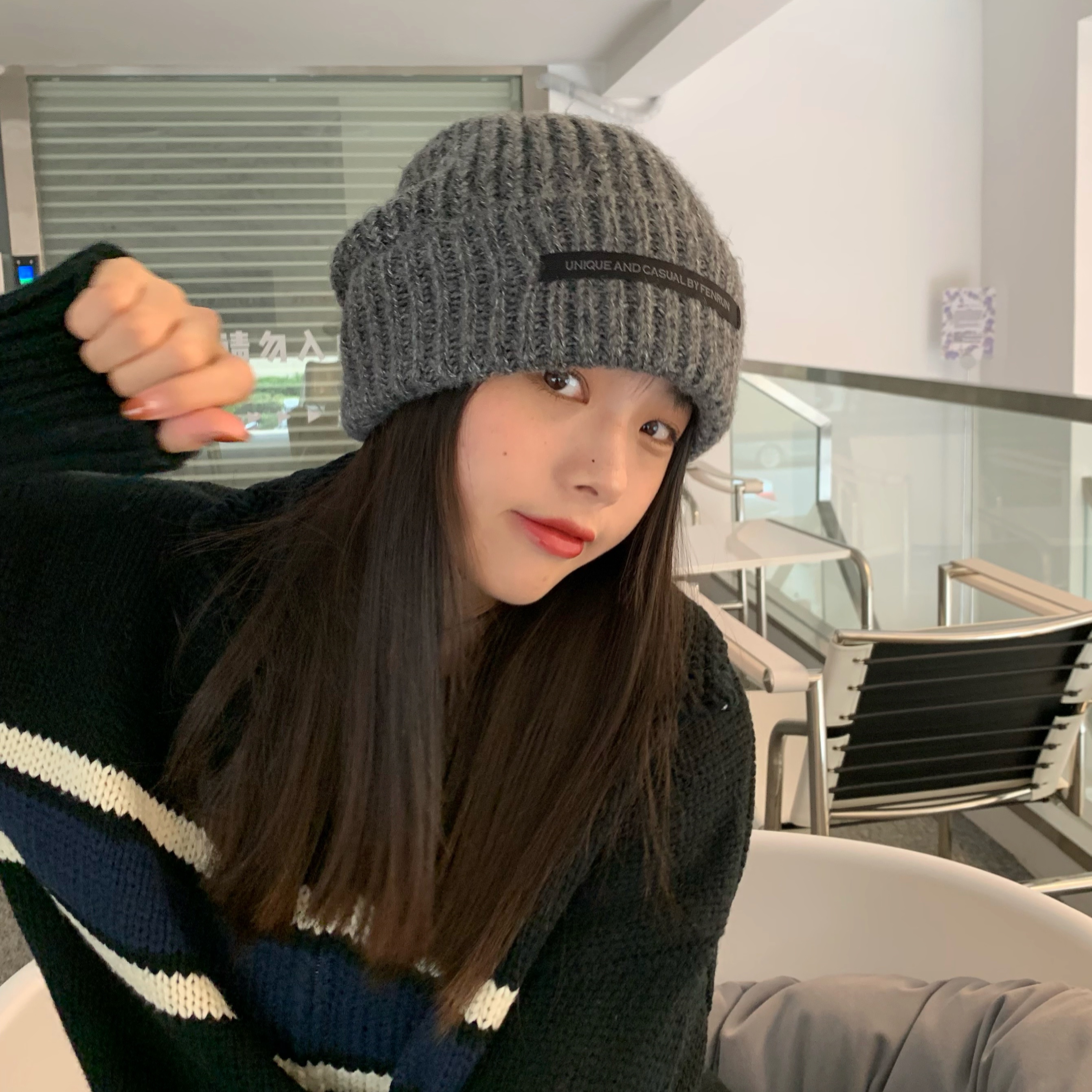 日常随性/帽子女秋冬贴布毛线帽韩版保暖护耳堆堆帽男护耳冷帽潮