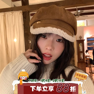咖啡云朵~陈奶奶/绒毛麂皮八角帽女保暖秋冬防寒质感复古百搭帽子