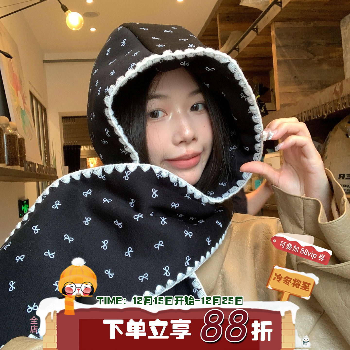 陈奶奶 蝴蝶结少女韩系帽子围巾一体秋冬可爱斗篷保暖加厚披肩