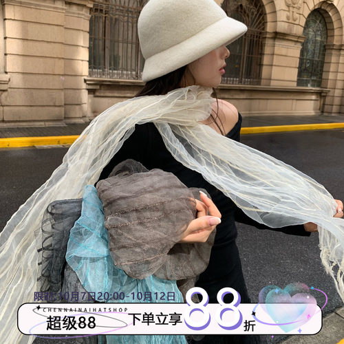 缥缈仙气陈奶奶轻薄条纹流苏丝巾