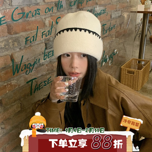 陈奶奶 简约百搭撞色细织毛线帽女秋冬显脸小针织帽保暖包头冷帽