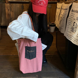 陈奶奶 复古双面牛仔包格纹内衬慵懒感通勤牛仔包布袋单肩包 美式