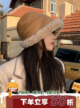 陈奶奶毛绒帽子女秋冬纯色渔夫帽宽松加厚保暖大头围堆堆帽盆帽