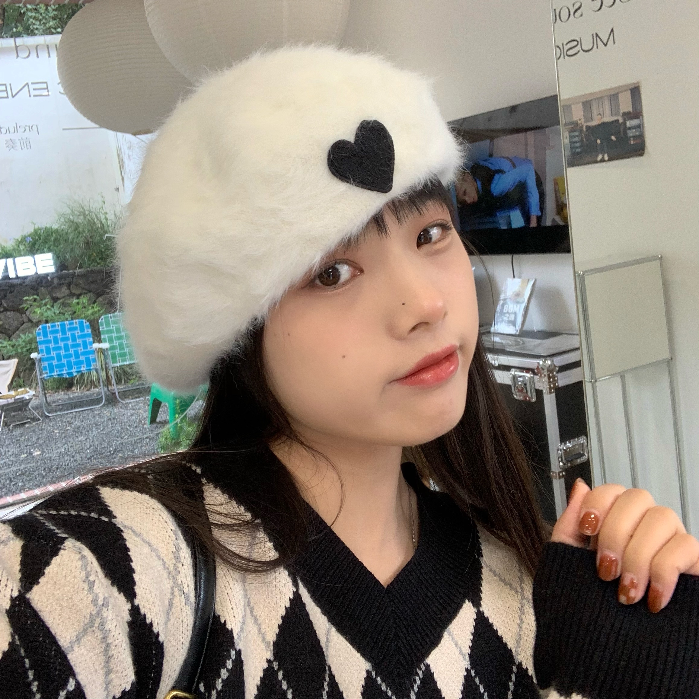 陈奶奶/帽子女秋冬韩版百搭兔毛爱心贝雷帽甜美可爱英伦画家帽子