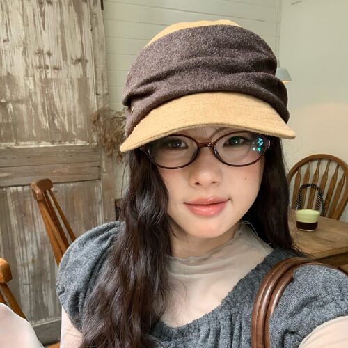 复古松弛陈奶奶拼接褶皱报童帽女