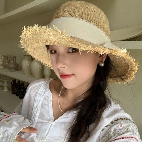 陈奶奶蝴蝶结拉菲草草帽女法式