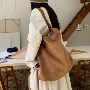 陈奶奶纯色翻毛皮单肩包女美式复古百搭休闲通勤托特包大容量包包