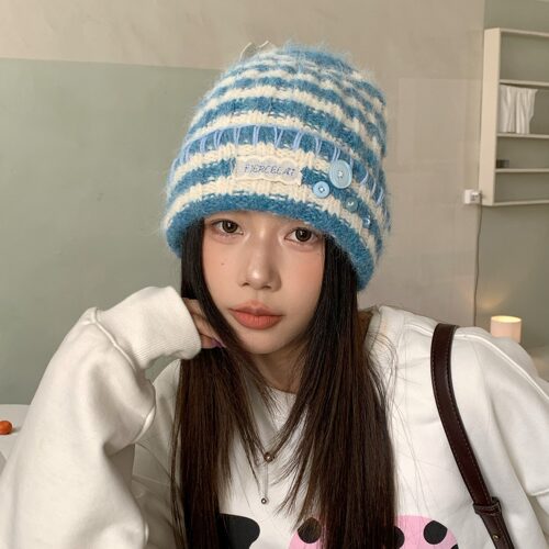 陈奶奶韩系条纹纽扣针织堆堆帽女