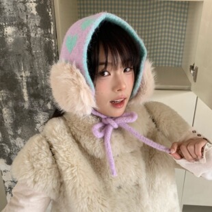 好韩！陈奶奶撞色爱心毛绒耳罩女秋冬软糯针织防寒减龄百搭配饰