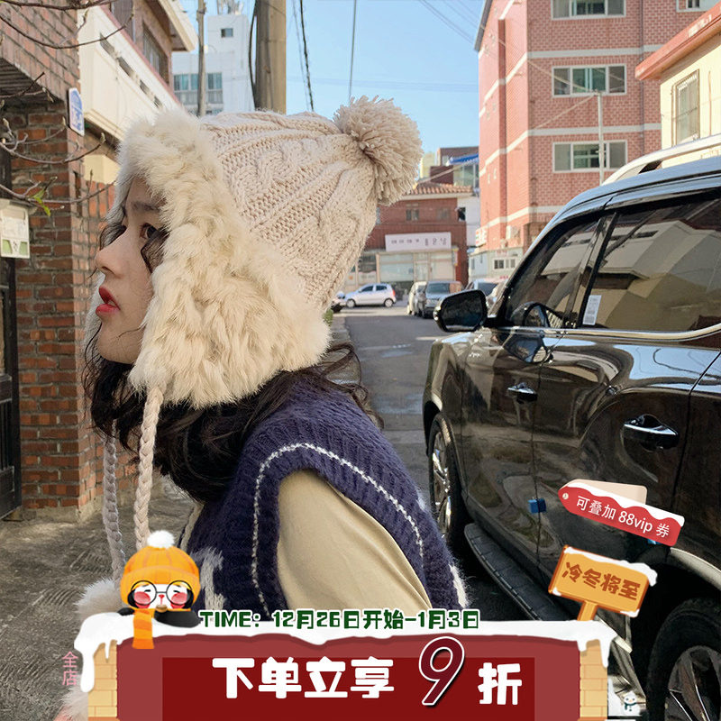 韩版复古麻花真兔毛毛线帽女秋冬韩版保暖日系护耳雷锋帽女舒适款