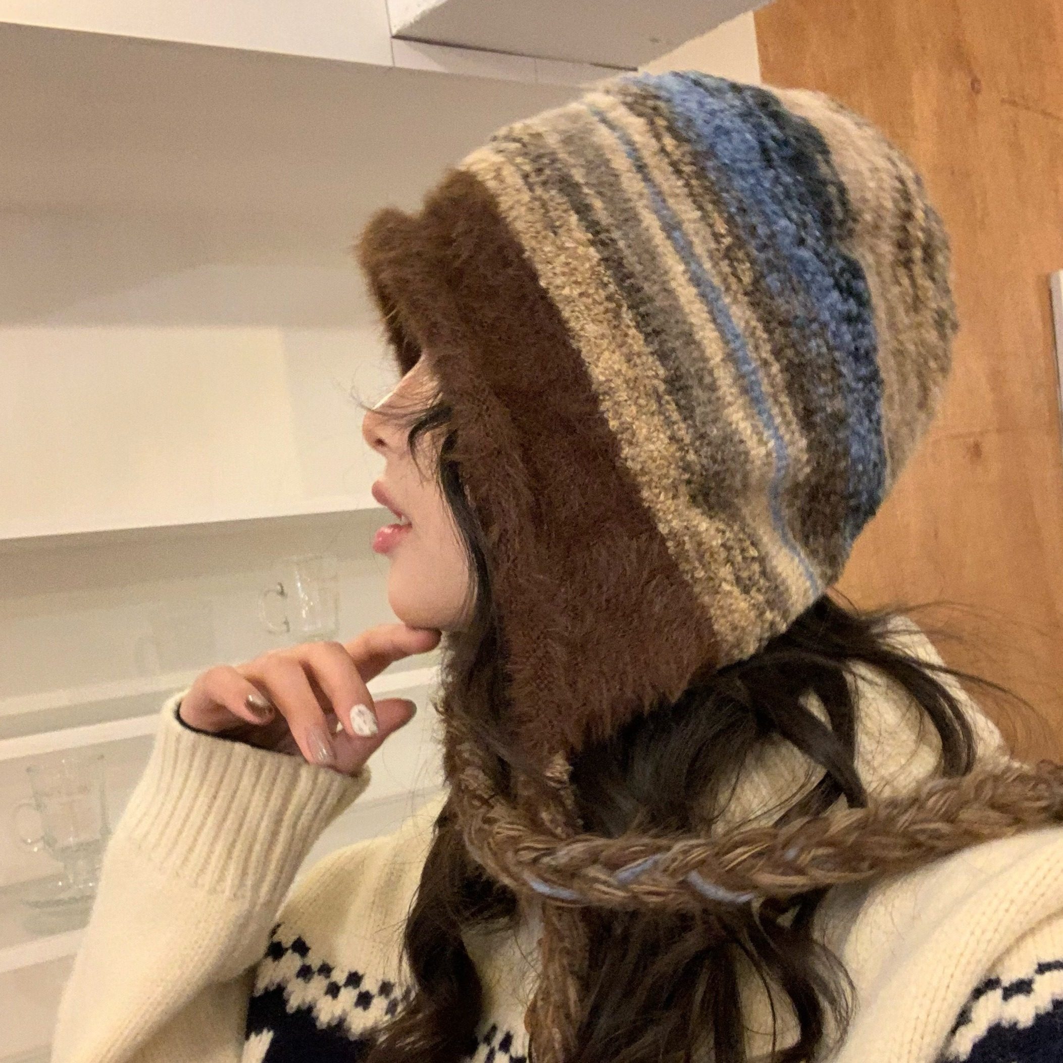 陈奶奶冬季加绒保暖毛线包头帽