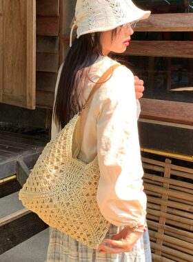 陈奶奶镂空草编单肩包可折叠