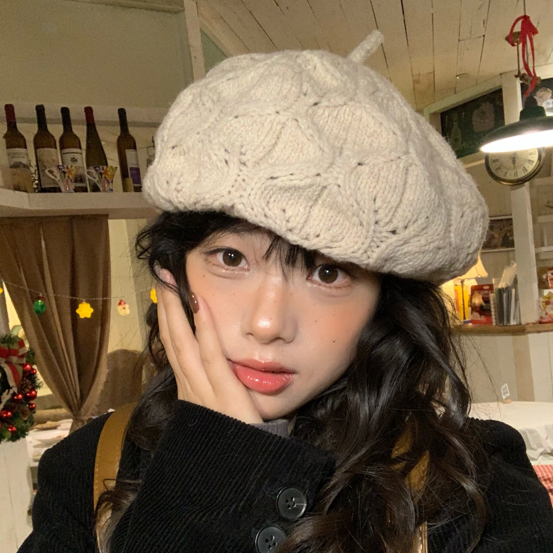 暖杏柔织~陈奶奶复古麻花羊毛贝雷帽子女针织秋冬文艺风画家帽