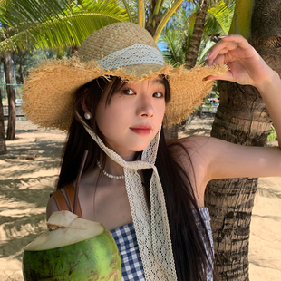 蕾絲系帶出游度假風(fēng)草編遮陽帽子夏季 拉菲草帽沙灘帽 法式 陳奶奶