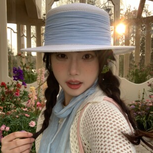 高颜款 平顶草帽女春夏复古气质礼帽海边沙滩度假防晒遮阳帽 法式