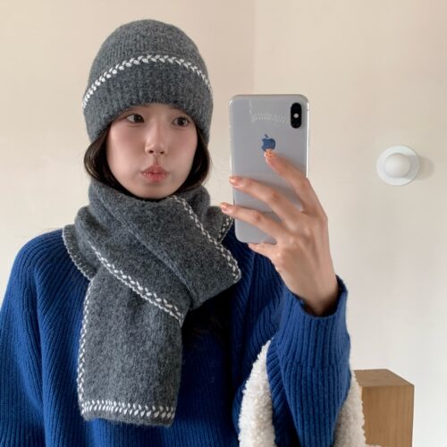 陈奶奶韩系波浪边针织帽围巾女