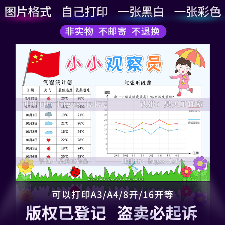 G450小小观察员天气预报手抄报女版十一国庆假期温度折线图数学报