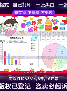 G491春节年货统计表手抄报女版年货统计表扇形图条形图数学小报