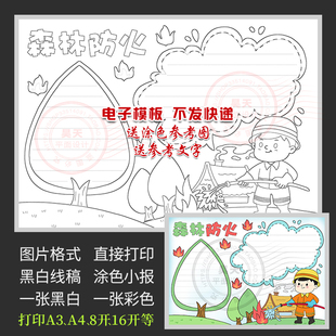 森林防火手抄报消防安全知识防火灾黑白线描涂色电子小报WF986