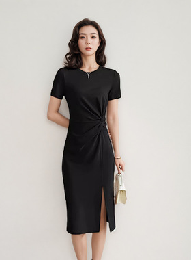 短袖高弹黑色连衣裙女夏高级感女人味扭结开叉中长款收腰连衣裙