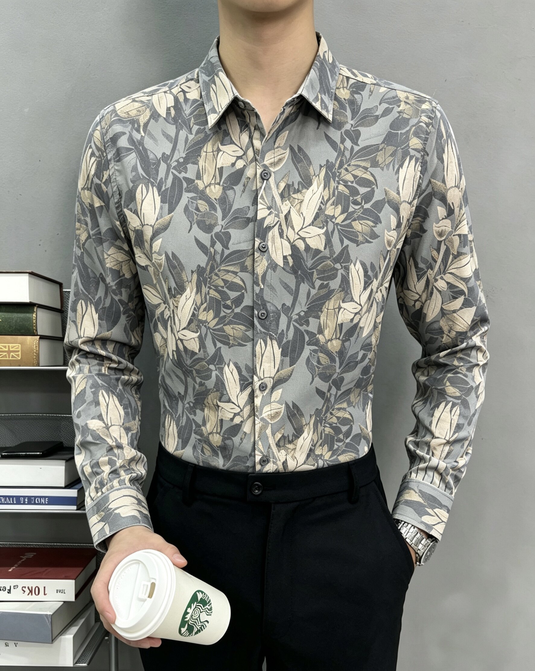 爆款衬衫长袖男款轻奢男装高级感痞帅春秋新款植物印花休闲衬衣外