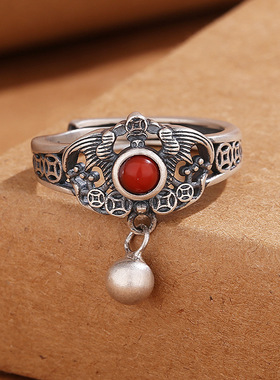 纯银复古铜钱南红玛瑙戒指