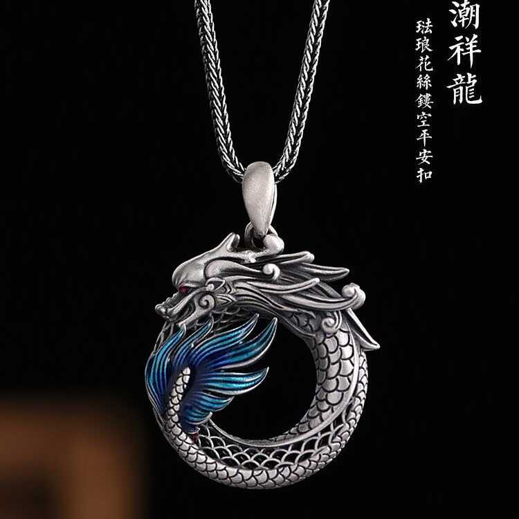 民族风景泰蓝吊坠女鱼化龙平安扣925银挂坠望子成龙牌护身项链男