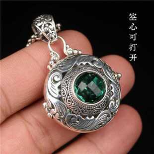 藏式民族风大号S925纯银圆型嘎乌盒吊坠项坠女空心可打开可装东西