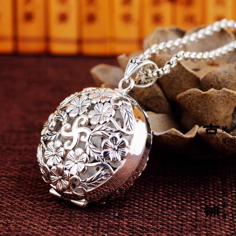 莲花复古风S925银吊坠镂空个性可打开香囊吊坠嘎乌盒项链男女挂饰