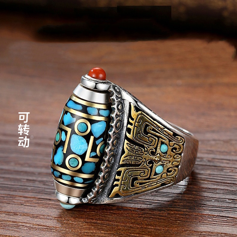 复古S925纯银转运九眼天珠戒指