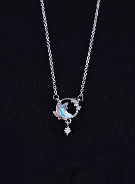 星星月亮蓝色渐变仿纯银项链夜光石小众设计锁骨链冷淡风轻奢颈链