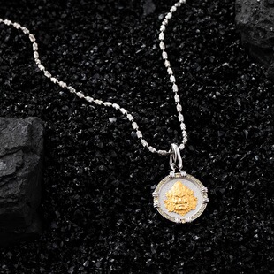 S925纯银项链黄财神转运珠吊坠项链民族风女士银饰复古圆牌挂坠