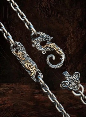 复古原创银饰男士项链男款复古吊坠配饰锁骨链中国风瑞兽纹太角链