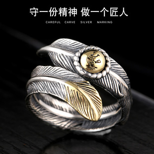 S925纯银凤凰の羽毛戒指潮牌小众设计复古印第安人嘻哈朋克风戒指