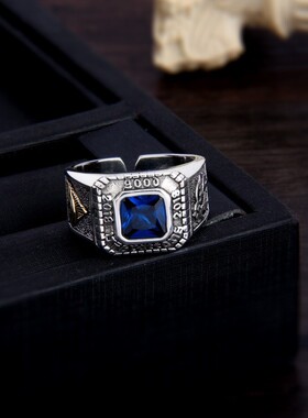 复古时尚蓝锆石上帝之眼戒指男士欧美个性潮流嘻哈潮牌开口食指环