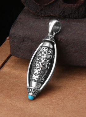 新品六字真言仿纯银吊坠男士项链复古路路通转动挂件女饰潮人吊坠