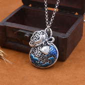 S925银复古烧蓝福袋钱袋吊坠项链女挂件毛衣链长款 民族风2023新款