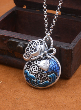 S925银复古烧蓝福袋钱袋吊坠项链