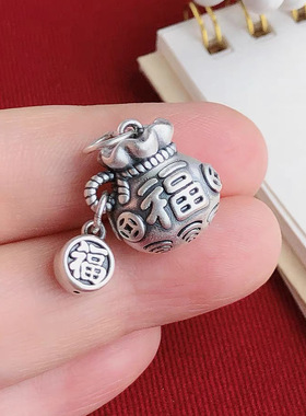 福字袋子吊坠项链仿纯银简约百搭