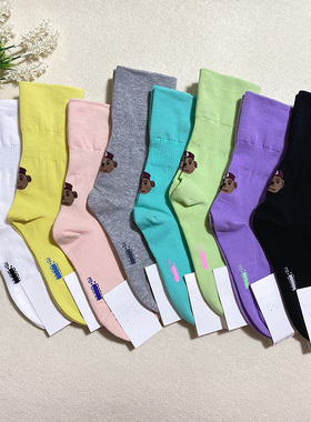 REBORN韩国进口袜子女中长筒袜卡通小熊可挽边字母紫色棉袜四季款