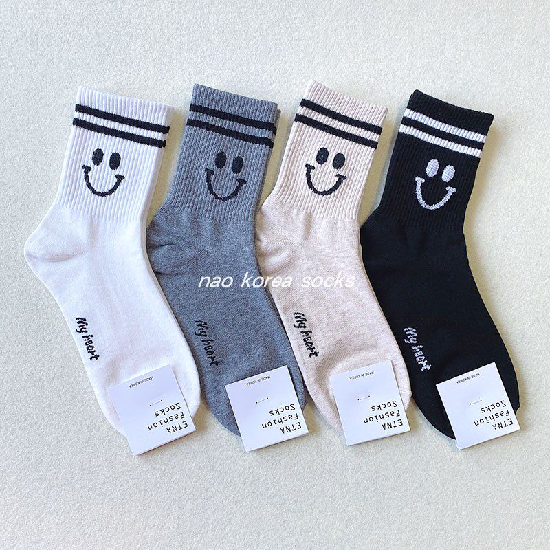 韩国代购笑脸袜子女ETNA两杠条纹纯色中筒学院风简约百搭棉长筒袜