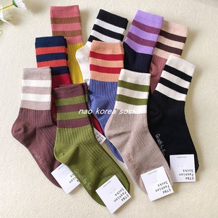 ETNA韩国东大门条纹中筒袜女浅螺纹黑色个性 学院风复古糖果色棉袜